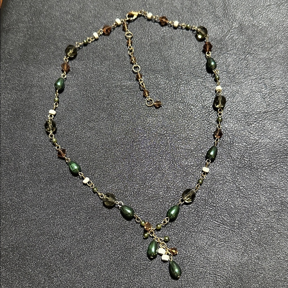 Glass & Faux Pearl Lariat Link Necklace With Extender